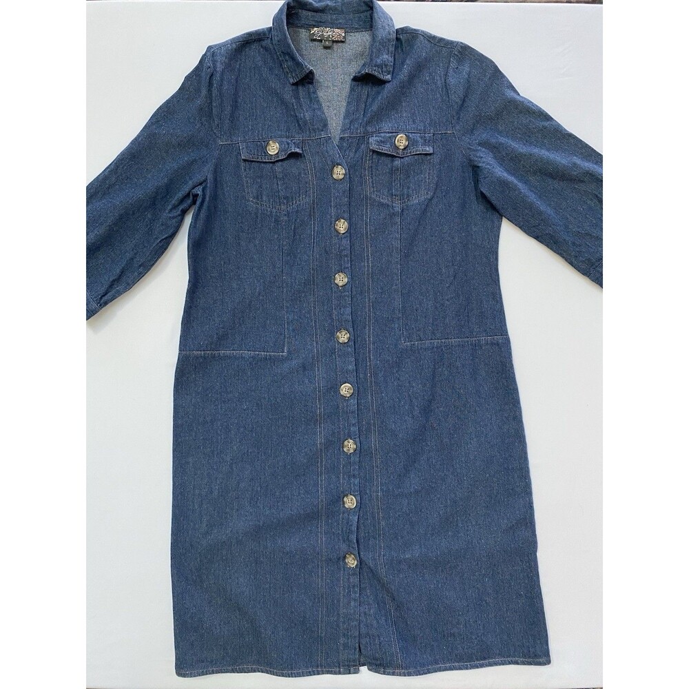 J. Gee Blue Denim Midi Shirt Dress L | Coastal Cowgirl Utility 3/4 Sleeve